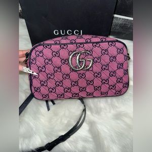 PRICE FIRM Gucci GG Marmont Diagonal Quilted Pink Fabric GG Canvas Shoulder Bag